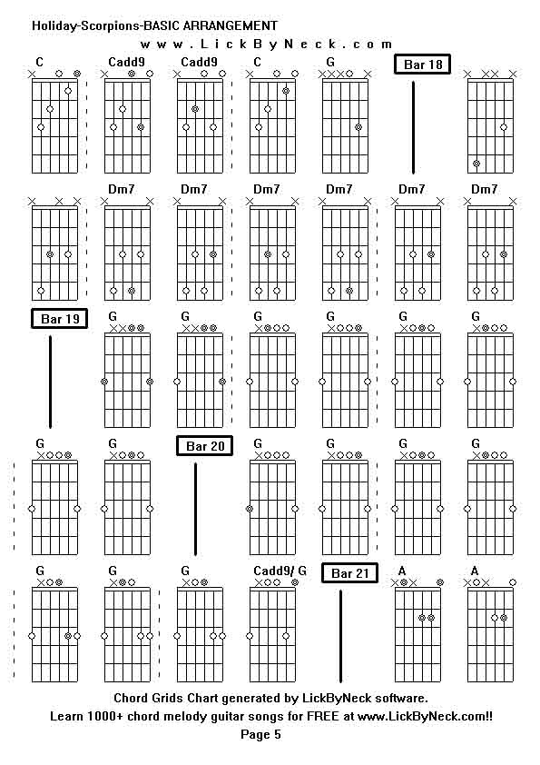 Chord Grids Chart of chord melody fingerstyle guitar song-Holiday-Scorpions-BASIC ARRANGEMENT,generated by LickByNeck software.